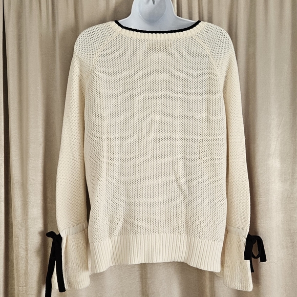 NWOT LOFT white open knit bell sleeve ribbon sweater Womens Medium - Picture 6 of 7